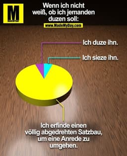 Wenn ich nicht
weiß, ob ich jemanden
duzen soll:
Ich duze ihn.
Ich sieze ihn.
Ich erfinde einen
völlig abgedrehten Satzb