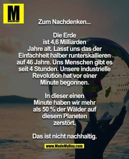 Zum Nachdenken ...

Die Erde ist 4,6 Milliarden Jahre alt. Lasst uns das der Einfachheit halber runterskallieren auf 46 