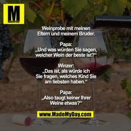 Weinprobe mit meinen Eltern und meinem Bruder.

Papa: „Und was würden Sie sagen, welcher Wein der beste ist?“

Winzer: „