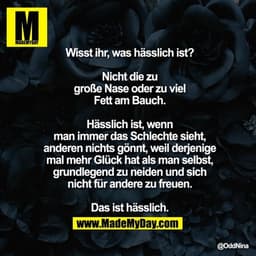 Wisst ihr, was hässlich ist?

Nicht die zu große Nase oder zu viel Fett am Bauch.
Hässlich ist, wenn man immer das Schle