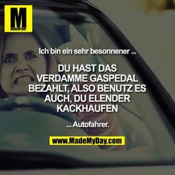 Ich bin ein sehr besonnener ...

DU HAST DAS VERDAMME GASPEDAL BEZAHLT, ALSO BENUTZ ES AUCH, DU ELENDER KACKHAUFEN

... 