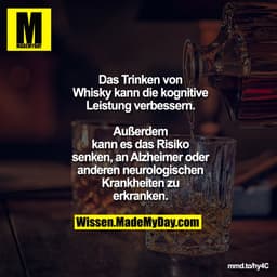 Das Trinken von Whisky kann die kognitive Leistung verbessern.
Außerdem kann es das Risiko senken, an Alzheimer oder and