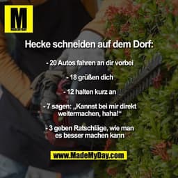 Hecke schneiden auf dem Dorf:
- 20 Autos fahren an dir vorbei
- 18 grüßen dich
- 12 halten kurz an
- 7 sagen „Kannst bei