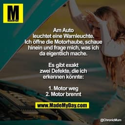 Am Auto leuchtet eine Warnleuchte.
Ich öffne die Motorhaube, schaue hinein und frage mich, was ich da eigentlich mache.
