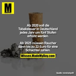 Ab 2020 soll die Tabaksteuer in
Deutschland jedes Jahr um fünf
Stufen erhöht werden. Ab 2025
müssen Raucher dann bis zu 