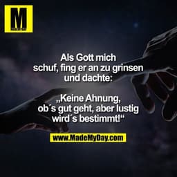 Als Gott mich
schuf, fing er an zu grinsen
und dachte:

„Keine Ahnung,
ob´s gut geht, aber lustig
wird´s bestimmt!“
