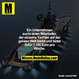 Ein Unternehmen sucht einen
Mitarbeiter, der einzelne Yachten auf
der ganzen Welt testet und bietet
dafür 1.100 Euro pro