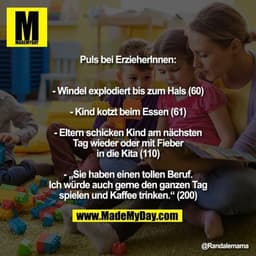Puls bei ErzieherInnen:

- Windel explodiert bis zum Hals (60)
- Kind kotzt beim Essen (61)
- Eltern schicken Kind am nä