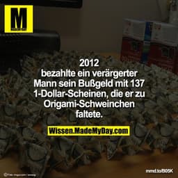 2012 bezahlte ein verärgerter
Mann sein mit 137 1-Dollar-Scheinen, die er zu
Origami-Schweinchen faltete.