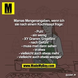 Mamas Mengenangaben, wenn ich sie nach einem Kochrezept frage:

- Puh!
- ein wenig 
- XY Gramm. Ungefähr.
- nach Gefühl 