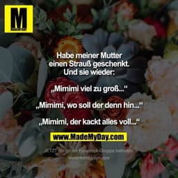 Habe meiner Mutter
einen Strauß geschenkt.
Und sie wieder:

„Mimimi viel zu groß...“

„Mimimi, wo soll der denn hin...“
