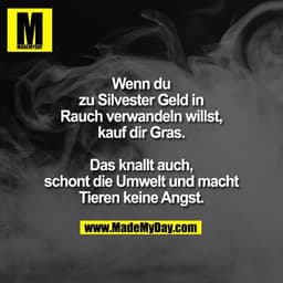 Wenn du zu Silvester
Geld in Rauch verwandeln
willst, kauf dir Gras.
Das knallt auch,
schont die Umwelt und
macht Tieren