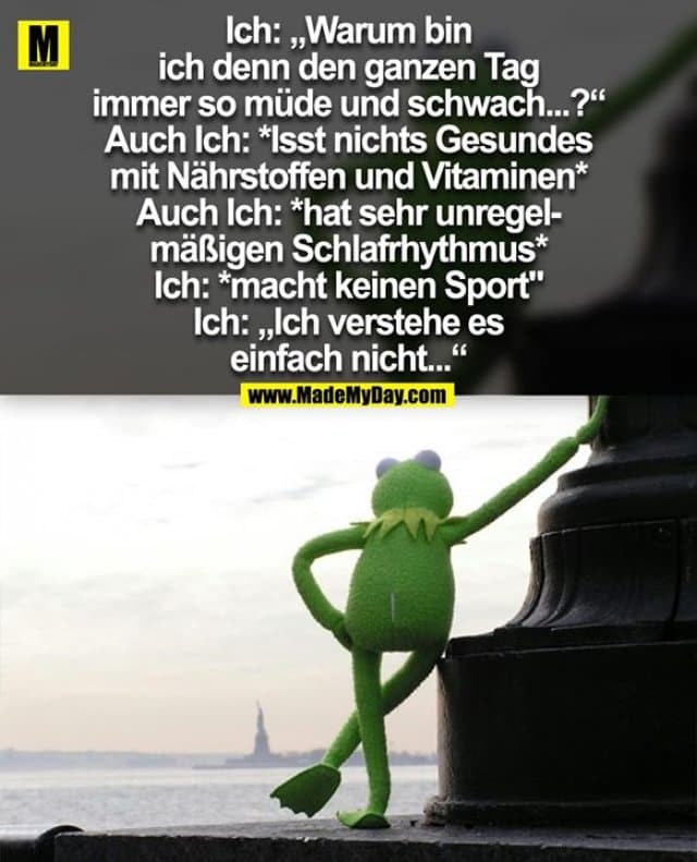 Ich: „Warum bin
ich denn den ganzen Tag
immer so müde und schwach...?“
Auch Ich: *Isst nichts Gesundes
mit Nährstoffen und Vitaminen*
Auch Ich: *hat sehr unregel-
mäßigen Schlafrhythmus*
Ich: *macht keinen Sport"
Ich: „Ich verstehe es
einfach nicht...“ - Inspiration, Zitate & Sprüche | MadeMyDay | Jetzt entdecken & teilen Ich: „Warum bin
ich denn den ganzen Tag
immer so müde und schwach...?“
Auch Ich: *Isst nichts Gesundes
mit Nährstoffen und Vitaminen*
Auch Ich: *hat sehr unregel-
mäßigen Schlafrhythmus*
Ich: *macht keinen Sport"
Ich: „Ich verstehe es
einfach nicht...“ - Inspirierendes Zitat mit Bild