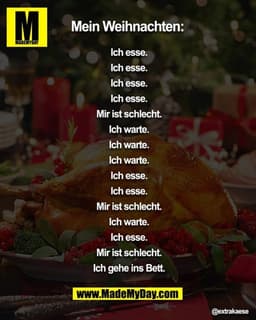 Mein Weihnachten:

Ich esse.
Ich esse.
Ich esse.
Ich esse.
Mir ist schlecht.
Ich warte.
Ich warte.
Ich warte.
Ich esse.
