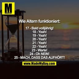 Wie Altern funktioniert:

17 - Bald volljährig!
18 - Yeah!
19 - Yeah!
20 - Yeah!
21 - Yeah!
22 - Yeah!
23 - Warte!
24 - 