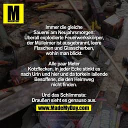 Immer die gleiche Sauerei am Neujahrsmorgen:
Überall explodierte Feuerwerkskörper, der Mülleimer ist ausgebrannt, leere 