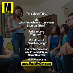 Wir spielen Tabu.
Ich: „Was braucht man, um einen Baum zu fällen?“
Jeder andere: „Säge, Axt...“
Mein Freund: „Genehmigun
