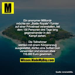 Ein anonymer Millionär möchte ein „Battle Royale“-Turnier auf einer Privatinsel veranstalten, bei dem 100 Personen drei 
