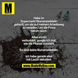Habe im Supermarkt Blumenzwiebeln gekauft, um sie auf meinem Arbeitsweg zu verteilen.
Um die Firma herum auch.
Alles sch