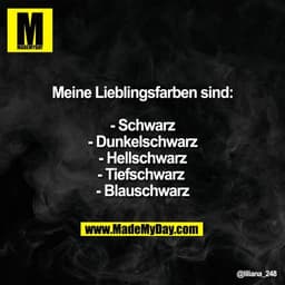 Meine Lieblingsfarben sind:
- Schwarz
- Dunkelschwarz
- Hellschwarz
- Tiefschwarz 
- Blauschwarz
