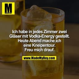 Ich habe in jedes Zimmer zwei Gläser mit Vodka-Energy gestellt. Heute Abend mache ich eine Kneipentour. Freu mich drauf.