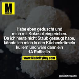 Habe eben geduscht und mich mit Kokosöl eingerieben.
Da ich heute nicht Staub gesaugt habe, könnte ich mich in den Küche