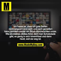 Ich hasse es, dass ich gute Serien nicht langsam und nach und nach genießen kann, sondern immer am Stück durchsuchten mu