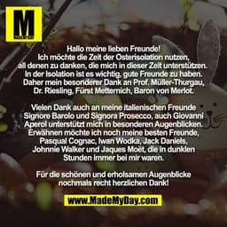 Hallo meine lieben Freunde!
Ich möchte die Zeit der Osterisolation nutzen, all denen zu danken, die mich in dieser Zeit 