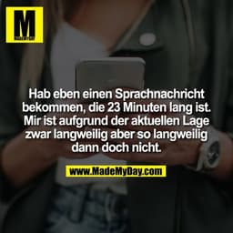 Hab eben einen Sprachnachricht bekommen, die 23 Minuten lang ist. Mir ist aufgrund der aktuellen Lage zwar langweilig ab
