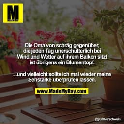 Die Oma von schräg gegenüber, die jeden Tag unerschütterlich bei Wind und Wetter auf ihrem Balkon sitzt ist übrigens ein