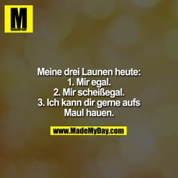 Meine drei Launen heute:
1. Mir egal.
2. Mir scheißegal.
3. Ich kann dir gerne aufs
Maul haun.
