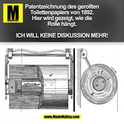 Patentzeichnung des gerollten
Toilettenpapiers von 1892.
Hier wird gezeigt, wie die
Rolle hängt.
ICH WILL KEINE DISKUSSI