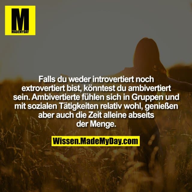Falls du weder introvertiert noch extrovertiert bist, könntest du ambivertiert sein. Ambivertierte fühlen sich in Gruppen und mit sozialen Tätigkeiten relativ wohl, genießen aber auch die Zeit alleine abseits der Menge. - Inspiration, Zitate & Sprüche | MadeMyDay | Jetzt entdecken & teilen Falls du weder introvertiert noch extrovertiert bist, könntest du ambivertiert sein. Ambivertierte fühlen sich in Gruppen und mit sozialen Tätigkeiten relativ wohl, genießen aber auch die Zeit alleine abseits der Menge. - Inspirierendes Zitat mit Bild