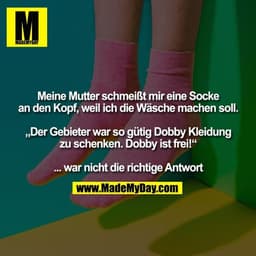 Meine Mutter schmeißt mir eine Socke
an den Kopf, weil ich die Wäsche machen soll.

„Der Gebieter war so gütig Dobby Kle