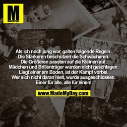 Als ich noch jung war, galten folgende Regeln:
Die Stärkeren beschützen die Schwächeren.
Die Größeren passten auf die Kl