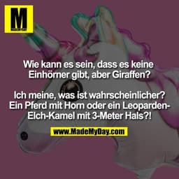 Wie kann es sein, dass es keine Einhörner gibt, aber Giraffen? Ich meine, was ist wahrscheinlicher? Ein Pferd mit Horn o