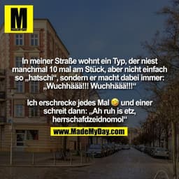 In meiner Straße wohnt ein Typ, der niest
manchmal 10 mal am Stück, aber nicht einfach
so „hatschi“, sondern er macht da