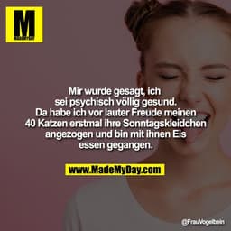Mir wurde gesagt, ich sei psychisch völlig gesund. Da habe ich vor lauter Freude meinen 40 Katzen erstmal ihre Sonntagsk