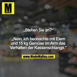 „Stehen Sie an?“ „Nein, ich beobachte mit Eiern und 15 kg Gemüse im Arm das Verhalten der Kassenschlange.”
