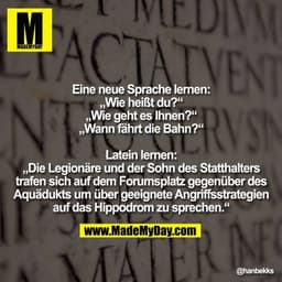 Eine neue Sprache lernen:
„Wie heißt du?“
„Wie geht es Ihnen?“
„Wann fährt die Bahn?“

Latein lernen:
„Die Legionäre und