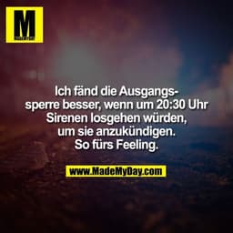 Ich fänd die Ausgangssperre besser, wenn um 20:30 Uhr
Sirenen losgehen würden,
um sie anzukündigen.
So fürs Feeling.