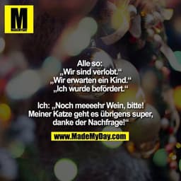 Alle so: „Wir sind verlobt.“ „Wir erwarten ein Kind.“ „Ich wurde befördert.“ Ich: „Noch meeeehr Wein, bitte! Meiner Katz