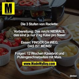 Die 3 Stufen von Raclette:
Vorbereitung: Das reicht NIEMALS, das sind ja nur 2 kg Käse pro Nase!
Essen: FINGER DA WEG, D