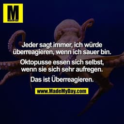 Jeder sagt immer, ich würde
überreagieren, wenn ich sauer bin.

Oktopusse essen sich selbst,
wenn sie sich sehr aufregen