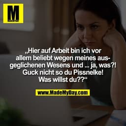 „Hier auf Arbeit bin ich vor
allem beliebt wegen meines aus-
geglichenen Wesens und ... ja, was?!
Guck nicht so du Pissn