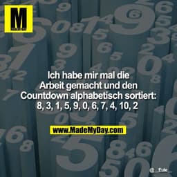 Ich habe mir mal die
Arbeit gemacht und den
Countdown alphabetisch sortiert:
8, 3, 1, 5, 9, 0, 6, 7, 4, 10, 2