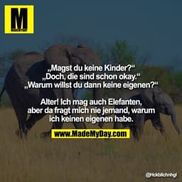 „Magst du keine Kinder?“
„Doch, die sind schon okay.“
„Warum willst du dann keine eigenen?“

Alter! Ich mag auch Elefant
