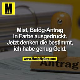 Mist, Bafög-Antrag
in Farbe ausgedruckt.
Jetzt denken die bestimmt,
ich habe genug Geld.