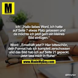 Ich: „Hallo liebes Word, ich hatte
auf Seite 7 etwas Platz gelassen und
da möchte ich jetzt gern ein kleines
Bild einfüg