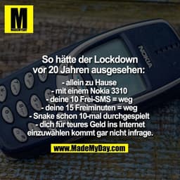 - allein zu Hause 
- mit einem Nokia 3310 
- deine 10 Frei-SMS = weg 
- deine 15 Freiminuten = weg 
- Snake schon 10-mal